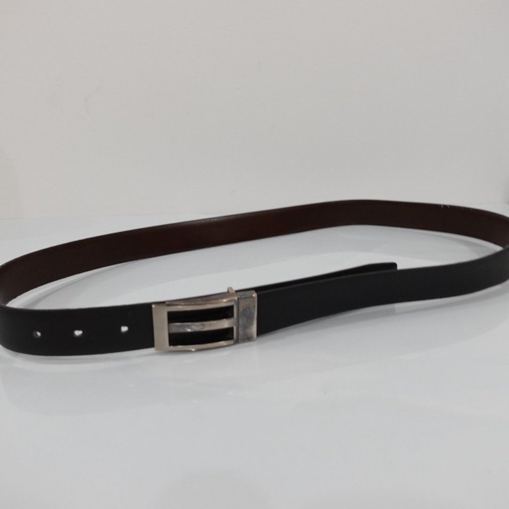 Geoffrey Beene Belt Mens Leather Black Brown Buckle 42 Solid‎ Dress Reversible